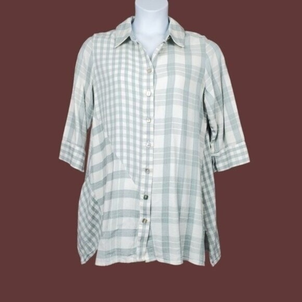 Soft Surroundings Womens Huntleigh Ivory Sage Green Plaid Tunic Shirt Size L